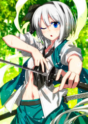 Rule 34 | 1girl, arm up, belt, black belt, black hairband, black necktie, black ribbon, blue eyes, blurry, blurry background, blush, collarbone, colored eyelashes, commentary request, cowboy shot, glint, green skirt, green vest, hair ribbon, hairband, highres, hitodama, holding, holding sword, holding weapon, katana, konpaku youmu, konpaku youmu (ghost), left-handed, lens flare, looking at viewer, navel, necktie, one eye closed, open mouth, puffy short sleeves, puffy sleeves, ribbon, sazanami mio, scabbard, sheath, sheathed, shirt, short hair, short sleeves, sidelocks, silver hair, skirt, skirt set, solo, standing, stomach, sword, touhou, vest, water drop, weapon, wet, wet clothes, wet shirt, white shirt, wing collar