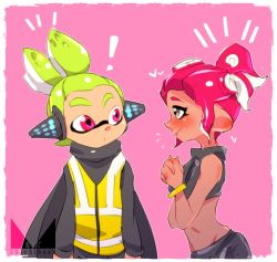 Rule 34 | !, agent 3 (splatoon), agent 8 (splatoon), alternate hairstyle, black eyes, black shirt, black skin, blush, bracelet, chichi band, closed mouth, colored skin, crop top, dark skin, from side, frown, green hair, hair up, headgear, heart, high-visibility vest, inkling, inkling boy, inkling player character, interlocked fingers, jewelry, looking at viewer, midriff, nintendo, notice lines, octoling, octoling girl, octoling player character, own hands together, pink background, pointy ears, purple eyes, red hair, shirt, short hair, smile, splatoon (series), splatoon 2, splatoon 2: octo expansion, squidbeak splatoon, standing, sweatdrop, tentacle hair, topknot, upper body, vest, watermark, yellow vest