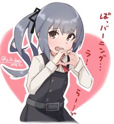 Rule 34 | 1girl, alakoala, collared shirt, dated, dress, grey hair, heart, heart background, heart hands, highres, kantai collection, kasumi (kancolle), open mouth, orange eyes, pinafore dress, shirt, side ponytail, sleeveless dress, solo, tearing up