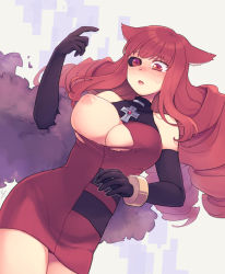 Rule 34 | 1girl, animal ears, artificial eye, blush, breasts, cat ears, dress, drill hair, elbow gloves, gloves, large breasts, long hair, mechanical eye, nipples, open mouth, red eyes, red hair, solo, stella hoshii, torn clothes, va-11 hall-a, y (35504109)
