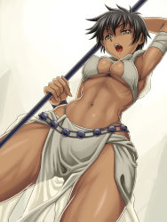 Rule 34 | 1girl, abs, amazon warrior, angelica (samurai spirits), arm up, armpits, bandages, black hair, breasts, brown eyes, cleavage, covered erect nipples, cowboy shot, curvy, dark-skinned female, dark skin, female focus, from below, highres, holding, holding staff, loincloth, medium breasts, muscular, muscular female, navel, open mouth, samurai spirits, see-through, short hair, solo, staff, syunzou, teeth, underboob, upper teeth only, v-shaped eyebrows, wide hips, wristband