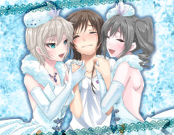 Rule 34 | 10s, 3girls, anastasia (idolmaster), blue eyes, brown hair, crying, drill hair, elbow gloves, closed eyes, gloves, holding hands, idolmaster, idolmaster cinderella girls, kanzaki ranko, long hair, multiple girls, negativeundead, nitta minami, open mouth, pure white memories, red eyes, short hair, silver hair, smile, tears, twin drills, twintails