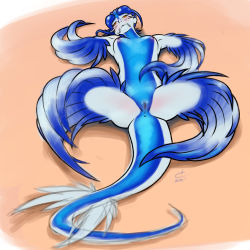 Rule 34 | 1girl, anus, beach, blue skin, blush, breasts, colored skin, come hither, deliciousorange, feathers, flat chest, glaucus atlanticus, monster girl, nipples, nude, original, personification, pussy, sea slug, small breasts, solo, tail, white skin, yellow eyes