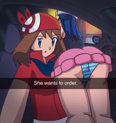 Rule 34 | 2girls, artist request, ass, blue eyes, blue hair, brown hair, car, creatures (company), dawn (pokemon), drive-thru, game freak, he wants to order (meme), highres, may (pokemon), meme, motor vehicle, multiple girls, nintendo, panties, pink skirt, pokemon, pokemon (anime), pokemon dppt (anime), pokemon rse (anime), red shirt, selfie, shirt, skirt, snapchat, source request, striped clothes, striped panties, underwear, upskirt