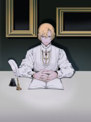 Rule 34 | 1boy, absurdres, blonde hair, blue eyes, book, closed mouth, collar chain (jewelry), collared shirt, cross, cross necklace, cuff links, curtained hair, empty picture frame, frilled shirt collar, frills, green background, hair between eyes, haruno taku, highres, indoors, ink bottle, interlocked fingers, jewelry, latin cross, light smile, long sleeves, looking at viewer, male focus, necklace, open book, original, own hands together, picture frame, quill, shirt, short hair, solo, table, upper body, vest, wavy hair, white shirt, white vest