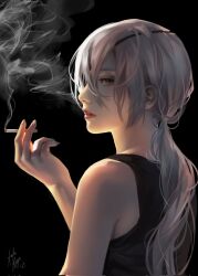 Rule 34 | 1girl, black background, black tank top, chainsaw man, cigarette, eyepatch, grey hair, highres, holding, holding cigarette, long hair, looking at viewer, penumbra5632 (aadakym), ponytail, quanxi (chainsaw man), simple background, smoke, smoking, solo, tank top
