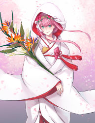 Rule 34 | 10s, 1girl, bird of paradise flower, darling in the franxx, floral background, flower, folded hair, green eyes, hair between eyes, hair flower, hair ornament, hairband, highres, hood, hood up, horns, japanese clothes, kimono, looking at viewer, nakadai chiaki, petals, pink hair, red horns, sidelocks, solo, spoilers, spring (season), traditional clothes, uchikake, wide sleeves, zero two (darling in the franxx)