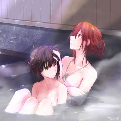 Rule 34 | 2girls, artist name, bath, bathing, blush, breasts, brown hair, cleavage, dog tags, female admiral (kancolle), hatsuzuki (kancolle), highres, kantai collection, multiple girls, nude, onsen, partially submerged, pin.s, red hair, steam, water, wet, yellow eyes