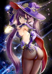 Rule 34 | 1girl, ass, backless outfit, breasts, cape, cowboy shot, fii fii (feefeeowo), from behind, genshin impact, gloves, green eyes, hand on own ass, hat, highres, leotard, long hair, looking at viewer, medium breasts, mona (genshin impact), pantyhose, purple hair, sideboob, solo, star (symbol), starry background, twintails, very long hair, witch hat