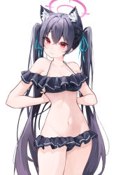 Rule 34 | 1girl, absurdres, animal ear fluff, animal ears, arms behind back, bikini, black bikini, black hair, blue archive, blush, breasts, cat ears, cleavage, closed mouth, e name, frilled bikini, frills, hair ribbon, halo, highres, long hair, looking at viewer, lowleg, lowleg bikini, navel, off-shoulder bikini, off shoulder, official alternate costume, red eyes, ribbon, serika (blue archive), serika (swimsuit) (blue archive), solo, standing, sweat, swimsuit, twintails