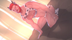 Rule 34 | 1boy, abs, animal ears, animal print, bara, bare pectorals, beard, blush, briefs, bulge, character request, chest harness, chinese zodiac, cow boy, cow ears, cow horns, cow print, dutch angle, facial hair, facial scar, full body, game uncle, harness, highres, horns, large pectorals, looking at viewer, male focus, male underwear, mature male, muscular, muscular male, navel, nipples, nywlub (bulwyn), on body, orange hair, pectorals, print male underwear, scar, scar on cheek, scar on chest, scar on face, short hair, socks, solo, stomach, thighs, underwear, year of the ox