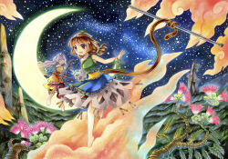 Rule 34 | 2girls, bare shoulders, brown hair, crescent, detached sleeves, dress, flower, grey hair, highres, landscape, long hair, monkey girl, monkey tail, multicolored clothes, multicolored dress, multiple girls, on cloud, outdoors, prehensile tail, proton, sakata nemuno, single detached sleeve, skirt cutout, sky, son biten, star (sky), starry sky, tail, test tube, touhou, tree, unfinished dream of all living ghost