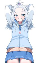 Rule 34 | 1girl, absurdres, arms behind head, arms up, bangs pinned back, blue eyes, blue hair, blue jacket, blue skirt, blush, collared shirt, commentary, drawstring, forehead, gawr gura, gawr gura (school uniform), grey hair, grin, hair ornament, heart, highres, hololive, hololive english, hood, hood down, hooded jacket, jacket, long hair, looking at viewer, multicolored hair, official alternate costume, pleated skirt, school uniform, shirt, simple background, skirt, smile, solo, star (symbol), star hair ornament, streaked hair, sweater vest, tosyeo, virtual youtuber, white background, white shirt