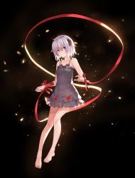 Rule 34 | absurdres, backlighting, bandages, bare legs, bare shoulders, barefoot, black background, black dress, blush, bow, bow panties, breasts, covered navel, dress, fingernails, fireflies, full body, hair ornament, highres, kagari (rewrite), looking at viewer, musyne xsk, nail polish, open mouth, panties, pink nails, purple eyes, red bow, red ribbon, rewrite, ribbon, see-through, short dress, short hair, silver hair, sleeveless, sleeveless dress, small breasts, solo, underwear