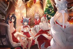 Rule 34 | 5girls, :3, animal ear fluff, animal ears, azur lane, backless outfit, balloon, bare back, bare shoulders, bell, black choker, black hair, blue eyes, blue hair, bookshelf, breasts, brown eyes, cat ears, chair, cheshire (azur lane), choker, christmas, christmas tree, cleavage, commentary, covered mouth, crossed bangs, crossed legs, dema hmw, dress, english commentary, fake animal ears, feather boa, fire, fireplace, fishnet pantyhose, fishnets, formidable (azur lane), fox ears, fox tail, frills, fur-trimmed dress, fur trim, garter straps, grey hair, hair between eyes, hair bun, hair intakes, hair ribbon, hat, high-waist skirt, high heels, highres, indoors, large breasts, legs, long hair, looking at viewer, looking away, looking to the side, medium breasts, multicolored hair, multiple girls, multiple tails, neck bell, hugging object, on chair, open mouth, pantyhose, parted lips, pillow, pillow hug, rabbit ears, red dress, red eyes, red footwear, red ribbon, red skirt, ribbon, santa dress, santa hat, shimakaze (azur lane), shinano (azur lane), short eyebrows, short sleeves, shrug (clothing), sideboob, sidelocks, single hair bun, sitting, skirt, smile, sparkle, star (symbol), streaked hair, taihou (azur lane), tail, thick eyebrows, thighhighs, thighs, twintails, two-tone hair, white garter straps, white hair, white pantyhose, white thighhighs