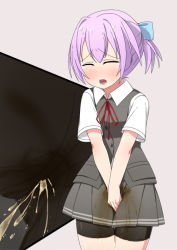 Rule 34 | 1girl, between legs, blue bow, blush, bow, embarrassed, closed eyes, female focus, grey background, grey skirt, grey vest, hair bow, hair ornament, hand between legs, have to pee, kantai collection, minamimachi naname, multiple views, open mouth, own hands together, pee stain, peeing, peeing self, ponytail, purple hair, red ribbon, ribbon, shiranui (kancolle), shirt, short hair, short ponytail, short sleeves, simple background, skirt, standing, tears, teeth, upskirt, v arms, vest, wet, wet clothes, white shirt