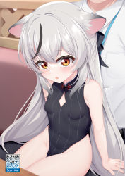 Rule 34 | 1boy, 1girl, :o, animal ear fluff, animal ears, bare arms, bare shoulders, black bow, black dress, black hair, black pants, blue archive, bow, breasts, china dress, chinese clothes, chrisandita, collared shirt, commentary request, dress, grey hair, highres, indoors, kokona (blue archive), long hair, multicolored hair, orange eyes, pants, parted lips, qr code, sensei (blue archive), shirt, sitting, sitting on lap, sitting on person, sleeveless, sleeveless dress, small breasts, solo focus, streaked hair, very long hair, white shirt
