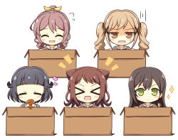 Rule 34 | &gt; &lt;, 5girls, :d, = =, ^ ^, bang dream!, black hair, blonde hair, blunt bangs, blush stickers, box, brown dress, brown hair, cardboard box, chocolate cornet, closed eyes, commentary request, cone hair bun, dress, flying sweatdrops, food, green eyes, hair between eyes, hair bun, hair flaps, hair ornament, hair ribbon, hanasakigawa school uniform, hanazono tae, heart, highres, holding, holding food, ichigaya arisa, in box, in container, long hair, long sleeves, looking at viewer, multiple girls, notice lines, open mouth, ponytail, poppin&#039;party, ribbon, sailor collar, sailor dress, school uniform, short hair, sidelocks, simple background, smile, sparkle, star (symbol), star hair ornament, sweatdrop, teen (teen629), toyama kasumi, twintails, upper body, ushigome rimi, v, wavy mouth, white background, white sailor collar, x hair ornament, xd, yamabuki saya, yellow eyes, yellow ribbon