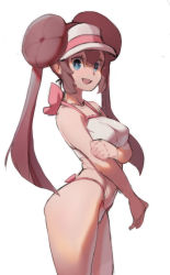 Rule 34 | ass, ass out, bikini, blue eyes, bow, bow bikini, breasts, bright pupils, brown hair, cowboy shot, creatures (company), double bun, from side, game freak, hair between eyes, hair bun, hat, highleg, highleg bikini, highres, holding own arm, nintendo, one-piece swimsuit, pokemon, pokemon bw2, rosa (pokemon), sho-n-d, simple background, smile, solo, standing, striped clothes, striped headwear, swimsuit, teeth, thighs, two-tone bikini, upper teeth only, white background, white bikini, white hat