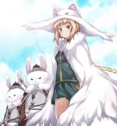 Rule 34 | 10s, 1girl, animal ears, animal hat, armor, bell, blonde hair, brown eyes, cape, cat ears, chain, cloud, collar, day, hat, kuraishi tanpopo, neck bell, pleated skirt, rabbit, red eyes, school uniform, short hair, skirt, sky, smile, standing, weapon, witch, witch craft works, witch hat, yumesato makura