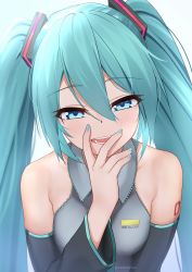 Rule 34 | 1girl, :d, arm tattoo, black sleeves, blue eyes, blue hair, blue nails, breasts, collared shirt, copyright name, dahadekan, detached sleeves, grey shirt, hair between eyes, half-closed eyes, hatsune miku, highres, long hair, long sleeves, nail polish, open mouth, shirt, sleeveless, sleeveless shirt, small breasts, smile, solo, tattoo, twintails, twitter username, upper body, very long hair, vocaloid, white background, wing collar