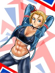 Rule 34 | 1girl, abs, arms behind head, blonde hair, blue eyes, breasts, cammy white, capcom, cleavage, highres, jacket, large breasts, legs, midriff, navel, open clothes, open jacket, pants, short hair, smile, solo, sports bra, street fighter, thick thighs, thighs, union jack