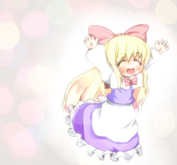 Rule 34 | 1girl, \o/, arms up, blonde hair, blush, bow, boxinhev, chibi, closed eyes, female focus, hair bow, happy, open mouth, outstretched arms, shanghai doll, solo, touhou