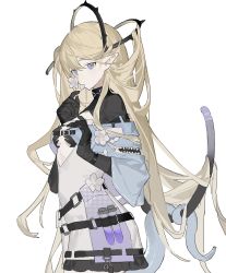 Rule 34 | 1girl, arknights, belt, black gloves, blonde hair, breasts, buckle, closed mouth, commentary, cowboy shot, dress, elbow gloves, flower, frilled dress, frills, gloves, highres, indigo (arknights), infection monitor (arknights), jacknife, long hair, looking at viewer, mouth hold, petals, pointy ears, purple eyes, simple background, small breasts, tail, test tube, underboob, very long hair, white background, white dress, white flower