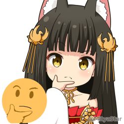 Rule 34 | &gt;:(, 1girl, animal ear fluff, animal ears, azur lane, bare shoulders, black hair, blunt bangs, blush, closed mouth, commentary request, detached sleeves, dress, emoji, fox ears, hair ornament, light frown, long hair, long sleeves, looking at viewer, mitya, nagato (azur lane), red dress, simple background, solo, strapless, strapless dress, thinking emoji, twitter username, upper body, v-shaped eyebrows, white background, white sleeves, wide sleeves, yellow eyes