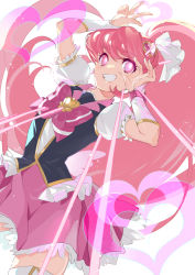 Rule 34 | 1girl, absurdres, aino megumi, arm warmers, boots, bow, brooch, cure lovely, frilled skirt, frills, glowing, glowing eyes, hair ornament, happinesscharge precure!, heart, heart brooch, heart hair ornament, highres, jewelry, looking down, magical girl, pink bow, pink hair, pink skirt, ponytail, precure, puffy short sleeves, puffy sleeves, shipu (gassyumaron), shirt, short sleeves, skirt, smile, solo, thigh boots, thighhighs, vest, white background, white footwear, white shirt, wide ponytail