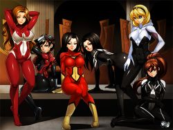 Rule 34 | 6+girls, abs, anya corazon, arms behind head, arms up, ass, bent over, black hair, blonde hair, bodysuit, breasts, brown hair, cindy moon, covered navel, curvy, emblem, gwen stacy, hairband, harem, high ponytail, hood, jadenkaiba, jessica drew, jessica drew (ultimate), looking at viewer, marvel, may parker, mayday parker, multiple girls, parted lips, ponytail, silk (marvel), sitting, smile, spandex, spider-girl, spider-gwen, spider-man (series), spider-woman, superhero costume, table, thigh gap, toned