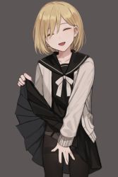 Rule 34 | 1boy, black pantyhose, black sailor collar, black skirt, blonde-haired boy (sunaba (nczd5875)), blonde hair, bow, cardigan, closed eyes, clothes lift, collarbone, commentary request, dress, dress lift, fang, grey background, hair over one eye, lifting own clothes, long sleeves, open mouth, original, panties, panties under pantyhose, pantyhose, pleated skirt, sailor collar, school uniform, serafuku, short hair, simple background, skirt, solo, sunaba (nczd5875), swept bangs, trap, underwear, white bow, white cardigan