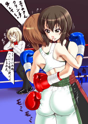 Rule 34 | 10s, 3girls, ass, back, bare shoulders, blood, blush, boxing, boxing gloves, boxing ring, breasts, brown eyes, brown hair, female pervert, flying sweatdrops, from behind, girls und panzer, gloves, hand on ass, hug, incest, itsumi erika, multiple girls, nishizumi maho, nishizumi miho, nosebleed, pervert, rigid, shiny clothes, shiny skin, short hair, shorts, siblings, silver hair, sisters, sports bra, translation request, yuri