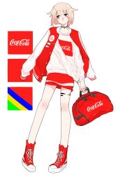 Rule 34 | 1girl, ari (arikoro88), bag, blonde hair, cevio, coca-cola, collar, expressionless, full body, highres, holding, holding bag, jacket, jacket on shoulders, long sleeves, one (cevio), print shirt, red bag, red footwear, shirt, shoes, short hair, solo, square, standing, watch, white background, white shirt, wristwatch