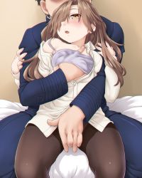 Rule 34 | 1boy, 1girl, arashio (kancolle), bad id, bad twitter id, bed, bed sheet, black pantyhose, blush, bra, grabbing another&#039;s breast, breasts, brown hair, dd (ijigendd), faceless, faceless male, grabbing, groping, hair over one eye, hetero, highres, kantai collection, long hair, long sleeves, open clothes, open mouth, open shirt, pantyhose, purple bra, shirt, sitting, small breasts, underwear, white shirt