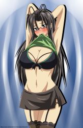 Rule 34 | 1girl, absurdres, armpits, arms behind head, black hair, blush, bra, breasts, cleavage, clothes lift, garter straps, glasses, green eyes, hasegawa chisato, highres, krazykamikaze44, large breasts, legs, long hair, mature female, mouth hold, navel, shinmai maou no testament, skirt, smile, solo, thighs, underwear