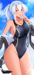 Rule 34 | 1girl, black jacket, black nails, blush, breasts, cleavage, closed mouth, collarbone, competition swimsuit, dark-skinned female, dark skin, day, eyewear on head, finger to mouth, fingernails, glasses, hair between eyes, highres, jacket, kantai collection, large breasts, long hair, looking at viewer, musashi (kancolle), musashi kai ni (kancolle), nail polish, off shoulder, one-piece swimsuit, outdoors, red eyes, smile, solo, standing, swimsuit, very long hair, white hair, yunamaro