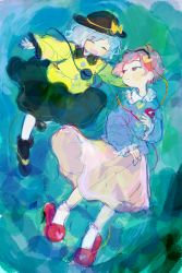 Rule 34 | 2girls, :d, :|, ^ ^, abstract background, ankle boots, bad id, bad pixiv id, black footwear, black headwear, blouse, blue background, blue shirt, boots, bow, closed eyes, closed mouth, collared shirt, colorful, expressionless, eyeball, facing viewer, frilled legwear, frilled shirt collar, frilled sleeves, frills, full body, green background, green skirt, half-closed eyes, hand up, happy, hat, hat bow, heart, jitome, komeiji koishi, komeiji satori, legs apart, looking at another, looking to the side, medium skirt, multiple girls, nanzuyo (gnsi), no nose, open mouth, outstretched arms, pink eyes, pink footwear, pink hair, pink skirt, shirt, short hair, siblings, silver hair, sisters, skirt, slippers, smile, spread arms, standing, string, swept bangs, third eye, touhou, two-tone background, walking, wavy hair, white legwear, wide sleeves, yellow bow, yellow shirt, |d