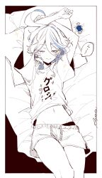 Rule 34 | 1girl, absurdres, ahoge, aiwo o lite, alternate costume, arms up, bed sheet, closed eyes, closed mouth, furina (genshin impact), highres, lying, midriff, monochrome, multicolored hair, navel, on back, on bed, pillow, shirt, short hair, short sleeves, shorts, sleeping, solo, sparkle, stomach, streaked hair, thighs, vision (genshin impact), waking up