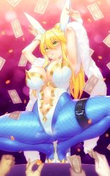 Rule 34 | 1girl, ahoge, animal ears, armpits, arms up, artoria pendragon (all), artoria pendragon (fate), artoria pendragon (swimsuit ruler) (fate), ass, banknote, bare shoulders, blonde hair, blue neckwear, blue pantyhose, braid, breasts, cleavage, clothing cutout, coin, detached collar, dollar bill, fake animal ears, fate/grand order, fate (series), feather boa, fishnet pantyhose, fishnets, french braid, green eyes, hair between eyes, high heels, highleg, highleg leotard, highres, holding, holding money, kanjy00u, large breasts, leotard, long hair, money, navel, navel cutout, necktie, pantyhose, playboy bunny, ponytail, rabbit ears, rabbit pose, sidelocks, spread legs, squatting, thigh strap, thighs, tiara, white footwear, white leotard, wrist cuffs