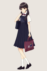 Rule 34 | 1girl, bag, black dress, blush, brown background, brown eyes, brown footwear, brown hair, closed mouth, collared shirt, commentary request, dress, dress shirt, full body, head tilt, holding, holding bag, kashiwagi chisame, loafers, long hair, low twintails, original, pinafore dress, pleated dress, school bag, shirt, shoes, short sleeves, simple background, sleeveless dress, smile, socks, solo, standing, twintails, white shirt, white socks