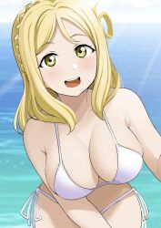 Rule 34 | 1girl, bare shoulders, barkhorn0331, bikini, blonde hair, blurry, blurry background, blush, braid, breasts, cleavage, cloud, highres, large breasts, leaning forward, light rays, long hair, looking at viewer, love live!, love live! sunshine!!, ocean, ohara mari, open mouth, outdoors, sky, smile, solo, swimsuit, water, white bikini, yellow eyes