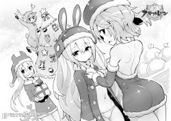 Rule 34 | 4girls, :d, anchor symbol, animal costume, animal ears, animal hat, antlers, arm up, ass, ayanami (azur lane), azur lane, backless dress, backless outfit, bare shoulders, bell, blush, box, bra, breasts, christmas, christmas tree, closed mouth, collarbone, commentary request, detached sleeves, dress, dressing, dutch angle, fake facial hair, fake mustache, food, fruit, fur-trimmed dress, fur-trimmed sleeves, fur trim, gift, gift box, gloves, grapes, greyscale, hair between eyes, hat, holding, holding gift, hood, hood up, hori (hori no su), horns, javelin (azur lane), ladder, laffey (azur lane), long hair, long sleeves, looking at viewer, looking back, medium breasts, monochrome, multiple girls, navel, open clothes, open dress, open mouth, panties, rabbit ears, rabbit hat, reindeer antlers, reindeer costume, sack, santa costume, santa hat, sidelocks, small breasts, smile, sparkle, standing, standing on one leg, star (symbol), sweat, underwear, very long hair, z23 (azur lane)