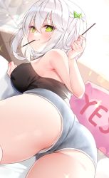 Rule 34 | 1girl, armpits, ass, bare arms, bare shoulders, bed sheet, blush, bow, breasts, camisole, chihiro (khorosho), closed mouth, commentary request, food, from behind, green bow, green eyes, grey shorts, hair between eyes, hair bow, heart, holding, holding food, lens flare, looking at viewer, looking back, lying, medium breasts, mouth hold, on bed, on stomach, original, panties, panty peek, pocky, short hair, shorts, silver hair, smile, solo, strap gap, thighs, underwear, upshorts, white panties, yes-no pillow