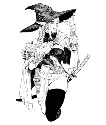 Rule 34 | 1girl, absurdres, arm up, bare shoulders, black thighhighs, book, braid, breasts, cape, commentary, english commentary, fantasy, fingernails, greyscale, hair over shoulder, hat, highres, holding, holding book, katana, long hair, matata1203, mechanical arms, monochrome, original, parted lips, pointy ears, pouch, sheath, sheathed, sidelocks, simple background, single braid, single mechanical arm, small breasts, smile, solo, sword, thighhighs, turtleneck, weapon, witch, witch hat