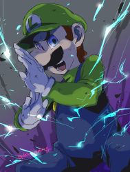 Rule 34 | 1boy, angry, blouse, blue eyes, blue overalls, brown hair, facial hair, fighting stance, gloves, green hat, green shirt, hat, highres, lightning, looking at viewer, luigi, luigi&#039;s mansion, male focus, mario (series), md5 mismatch, mustache, nintendo, open mouth, overalls, platiniridium, screaming, shirt, simple background, solo, super smash bros., teeth