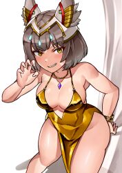 Rule 34 | 1girl, absurdres, alternate breast size, alternate costume, animal ears, blunt bangs, breasts, cat ears, chest jewel, circlet, claw pose, cocktail dress, collarbone, commentary request, core crystal (xenoblade), covered navel, curtains, dress, gold dress, gold necklace, grey hair, grin, halterneck, hand up, highres, jewelry, looking at viewer, medium breasts, necklace, nia (blade) (xenoblade), nia (xenoblade), oniisan02b, short hair, side slit, sleeveless, sleeveless dress, smile, solo, sparkle print, thighs, white background, xenoblade chronicles (series), xenoblade chronicles 3, yellow eyes