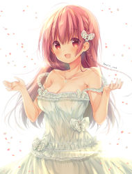 Rule 34 | 1girl, :d, bare arms, bare shoulders, blush, bow, braid, breasts, cleavage, collarbone, commentary, dress, flower, flower necklace, frilled dress, frills, hair between eyes, hair bow, hair flower, hair ornament, hands up, highres, jewelry, long hair, march-bunny, medium breasts, necklace, open mouth, original, pendant, petals, red eyes, red hair, simple background, sleeveless, sleeveless dress, smile, solo, strap slip, symbol-only commentary, twitter username, very long hair, white background, white bow, white dress, white flower