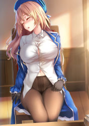 Rule 34 | 10s, 1girl, atago (kancolle), black gloves, black pantyhose, blonde hair, blush, breasts, chair, cleavage, crotch seam, dress shirt, closed eyes, gloves, hat, indoors, kantai collection, large breasts, long hair, military, military uniform, navel, no panties, open clothes, open mouth, pantyhose, see-through, shirt, sitting, sleeping, solo, thighs, uniform, wainscoting, wooden floor, zi se