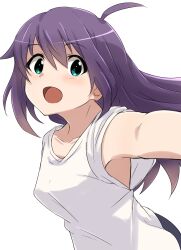 Rule 34 | 1girl, absurdres, ahoge, blush, breasts, collarbone, from side, green eyes, hair between eyes, highres, idolmaster, idolmaster million live!, idolmaster million live! theater days, long hair, looking at viewer, mochizuki anna, moyashi tomozuku, open mouth, outstretched arm, purple hair, shirt, short sleeves, simple background, small breasts, smile, solo, white background, white shirt